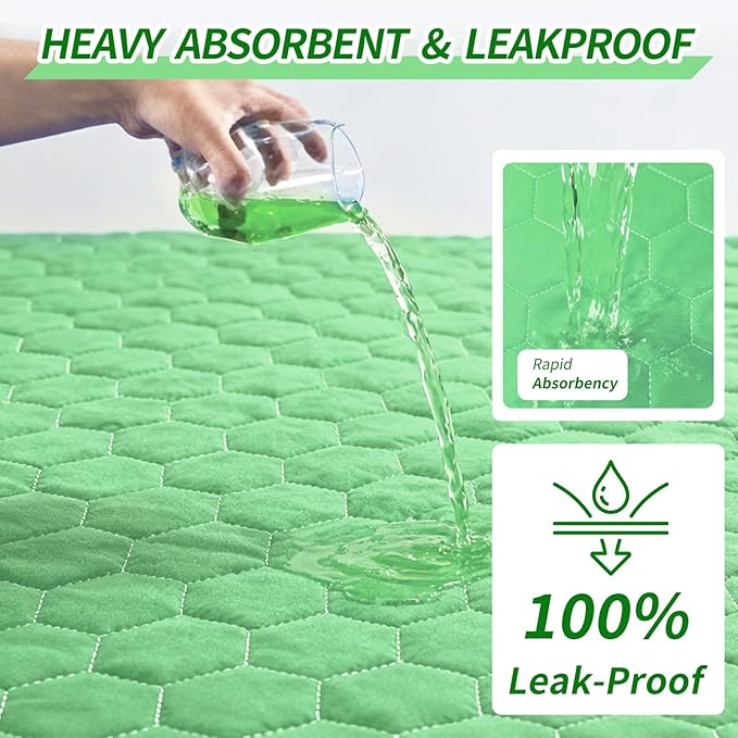 Waterproof Washable Underpads Pee Pad (Green 34" x 52" 2 Pack), Reusable Absorbency Bedwetting Incontinence Bed Pads for Kids Adults Elderly Dog Pet, Puppy Pads for Mattress Couches Sofas Floors