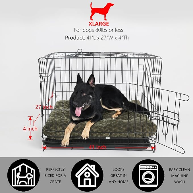 Large Dog Crate Bed 42 Inch Washable Soft and Fluffy Dog Mats for Cages Up to 90 lbs Pet Pillows for Crate Tire Printing Olive Green