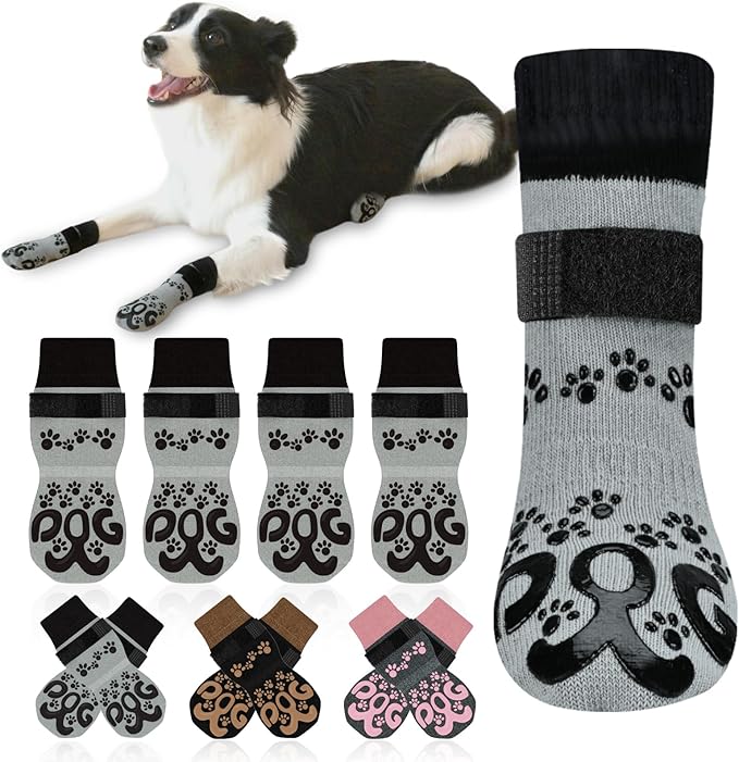 Anti Slip Dog Socks to Prevent Licking Paws - Double Side Dogs Paw Grip Sock for Hardwood Floors, No Twist Dog Booties Grippy Socks for Small Medium Large Senior Dogs, Light Grey and Black, XL