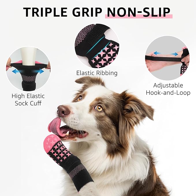 SCENEREAL Anti Slip Dog Socks to Prevent Licking Paws, Dog Booties & Paw Protectors for Hot Pavement Hardwood Floors, Traction Control for Small Medium Large Senior Dogs, Pink S