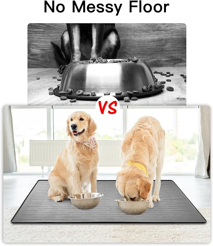 48" x 32" XXXL Largest Pet Food Mat, Silicone Dog Mats for Food and Water, Nonslip Pet Feeding Mats for Floors,Dog Cat Bowl Mat with Raised Edges, Dark Gray