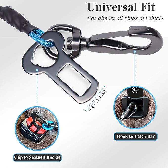 VIVAGLORY Dog Seat Belt Tuffbelt Dog Car Harness, Seatbelt with Clip & Hook for Car Travel, Chew Proof Anti Chew Unchewable Metal Safety Tether Restraint, L, Blue