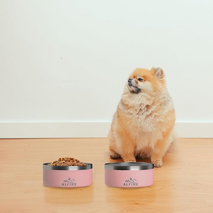 ALPINE Set of 2 Stainless Steel Dog Bowls, Non Slip, Metal Pet Bowl for Food and Water, Double Walled Insulated, Rustproof, Dishwasher Safe (64 oz, Pink)