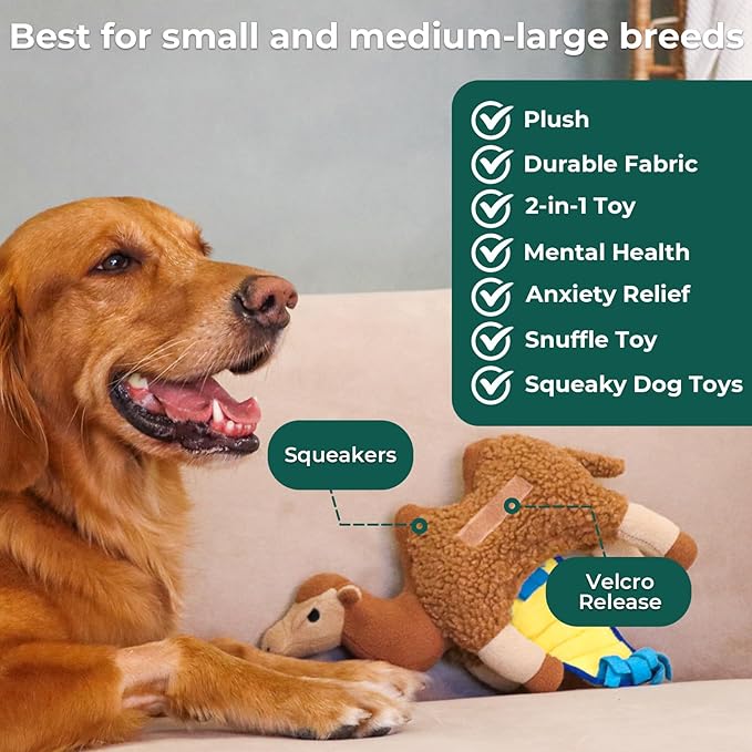 Wagorific Snuffle Dogs Toys Plush Stuffed Puppy Toy No Squeaky Treat Hide for Large, Medium, Small Dogs and Puppies Slow Feeder, Machine Washable, Pet Supplies Toys for Dogs to Keep Them Busy, Camel