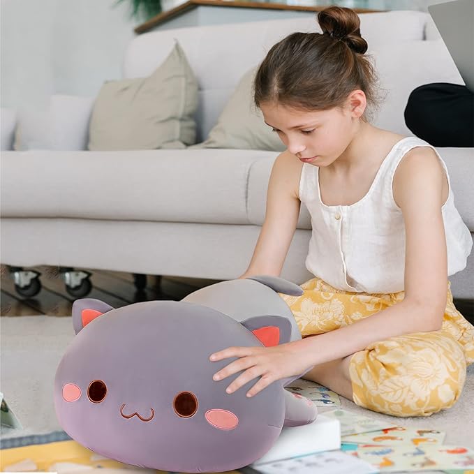 FUYU Cat Stuffed Animals, Soft Cat Plush Pillow Kawaii Kitten Stuffed Animal Toy Gifts for Kids Boys Girls Room Decor (Grey Round Eyes,19in/50cm)