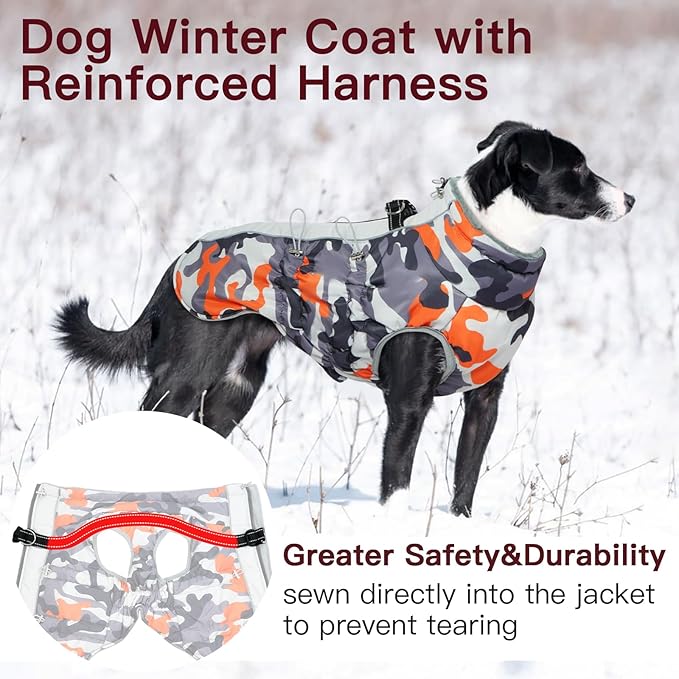 Orange-Camouflage Dog Winter Snow Jacket - X-Large, Water-Resistant, Reflective, Adjustable for Large Dogs