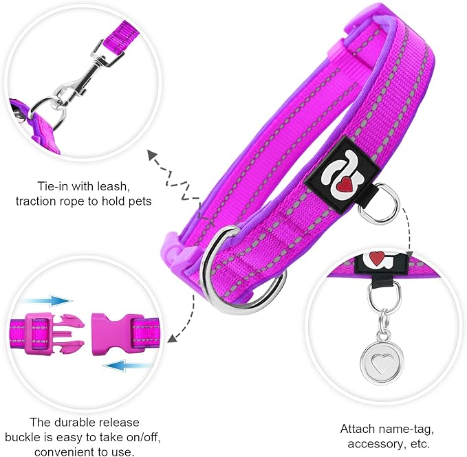 azuza Reflective Dog Collar,Soft Neoprene Padded Pet Collar with ID Tag Ring,Adjustable for Small Dogs,Purple,S