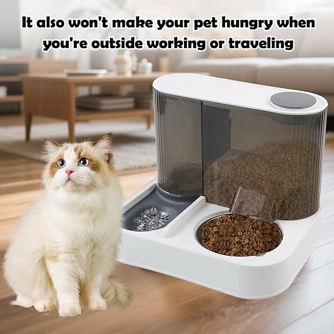 MUYG Automatic Gravity Cat Feeder with Stainless Steel Food Bowl, 2 in 1 Cat Feeder and Water Dispenser Combo Detachable Pet Water and Food Dispenser Set for Puppy Kitten Small Dog(Gray)