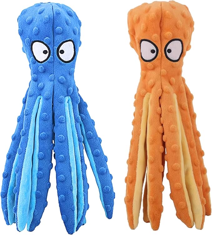 Orange Octopus Dog Toy – Squeaky & Crinkle Plush – No Stuffing Toy for Small Medium Large Dogs Puppies & Seniors – Interactive Safe Soft Toy for Tug Fetch Play – Tail Town
