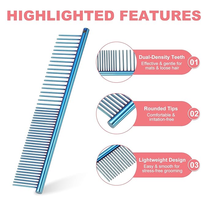 Dog Cat Comb, Pet Combs Stainless Steel Teeth with Rounded Ends for Knots Mats Loose Hair Removal, 6.5IN (Blue Plated, 3 Pack), Grooming Tool Intended for Long Curly Hair Pet