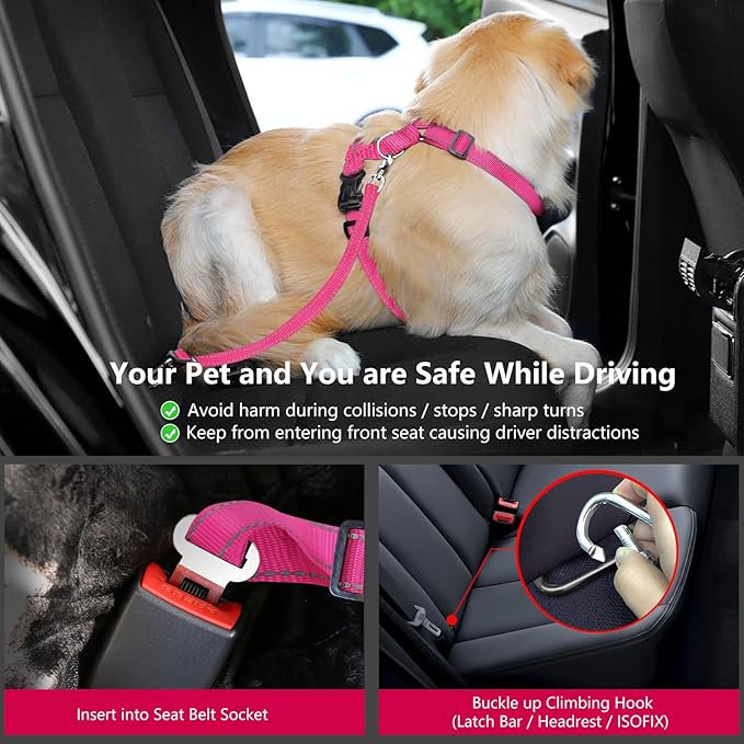 VavoPaw Dog Seat Belt Harness for Car, Dog Car Harness Adjustable Mesh Breathable & Dog Seatbelt Safety Tether with Elastic Bungee for Small Medium Large Pets(Rose, M)
