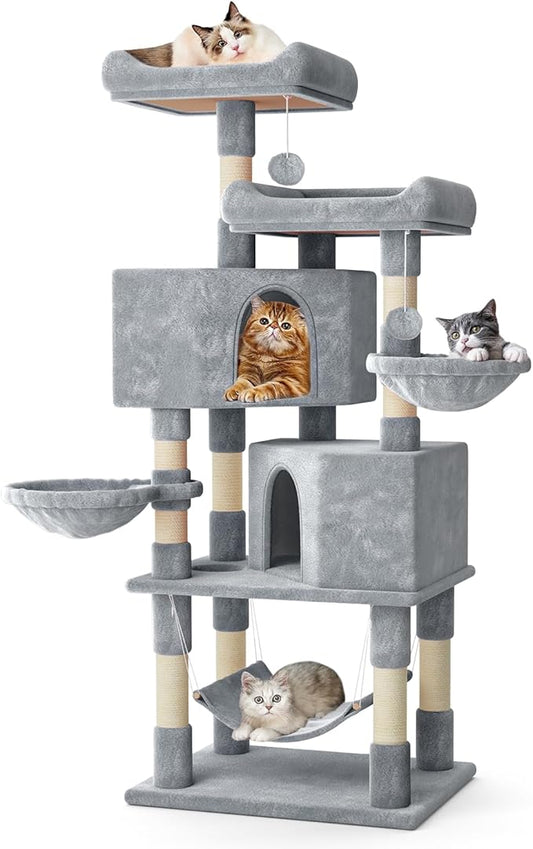 MoNiBloom Cat Tree, 58 Inch, Light Grey - 8 Sisal Scratching Posts, 2 Condos, Hammocks & Top Perch - Indoor Cat Activity Structure for Kittens & Cats