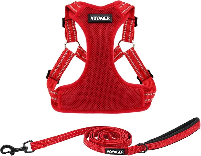 Best Pet Supplies Voyager Mesh Dog Breathable Harness Reflective Stitching, All Weather Adjustable for Walking Training, or Running - Heavy Duty & Durable, Harness Leash Set (Red), XS