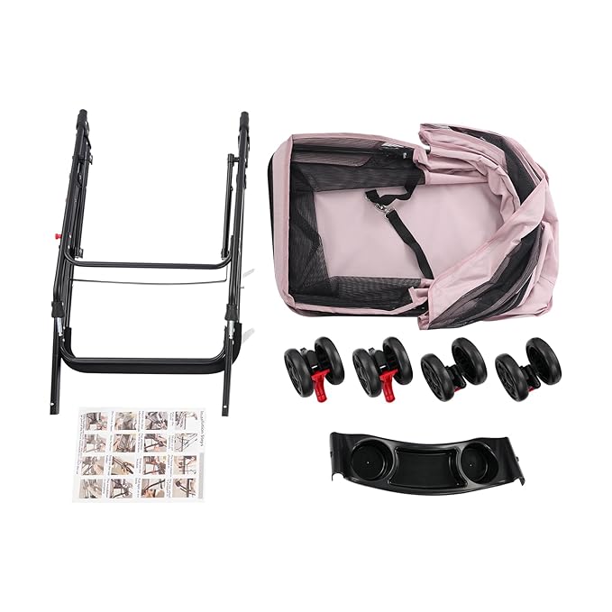 Foldable Pet Stroller with Mesh Windows, 40lbs Capacity Pet Carrier Cart with Locking Wheels, Breathable Cat & Dog Stroller for Small Animals, Foldable Pet Travel Cart for Outdoor (Pale Pinkish Grey)