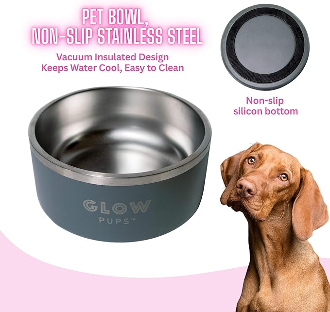 Glow Pups Dog Bowl, Vacuum Insulated Pet Bowl Keeps Water Cool, Non-Slip Base, Easy Clean Interior, Durable Stainless Steel, Ideal for Travel, 32 Oz, Stylish (Grey)