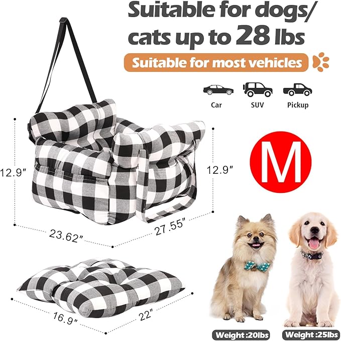 Medium Dog Car Seat Up to 28lbs - Pet Travel Bed Booster with Storage, Safety Tether, Anti-Slip Bottom for Cars(Black/White)