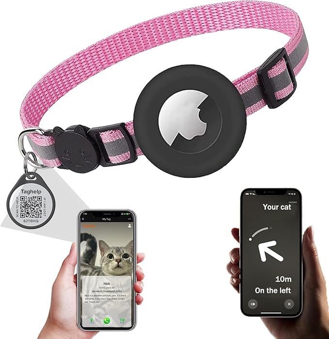 Smart ID tag&Airtag Cat Collar Breakaway with Bell,Reflective Kitten Collar with Apple Airtag Cat Collar Holder,Adjustable 7-12In,Safety Buckle for Girl Boy Cats,Pet Supplies,Accessories,Gifts(Pink)