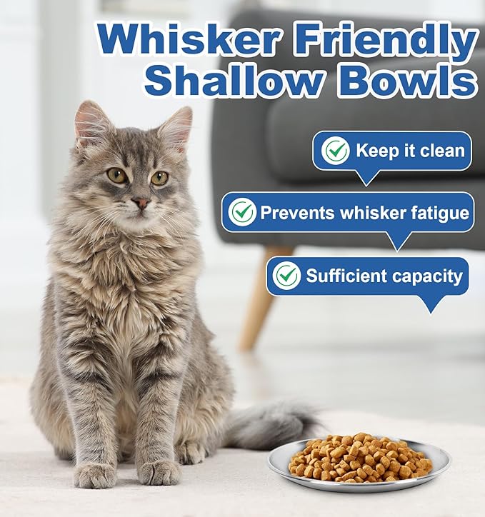 Supet Stainless Steel Cat Food Bowls, Whisker Fatigue Dishes with Non-Slip Bottom, Shallow Wide Cat Plates for Wet & Dry Food, 13OZ Kitten Bowls for Indoor Cats (4Pcs)