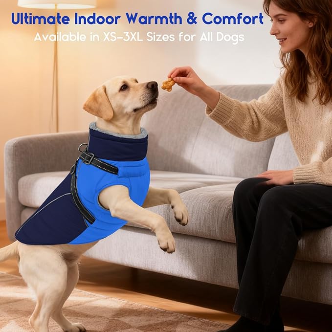 ASENKU Reflective Dog Coat with Built-in Harness, Windproof Fleece-Lined Dog Jacket for Small, Medium, Large Dogs, Warm Winter Vest with Turtleneck & Zipper (Khaki 3XL)
