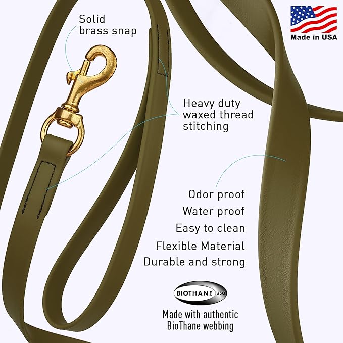 Viper K9 Biothane Working Dog Leash Waterproof Lead for Tracking Training Schutzhund Dog Sport & Search - Odor-Proof Long Line with Solid Brass Snap for Puppy Medium Large 5/8" x 20ft Olive Drab Green