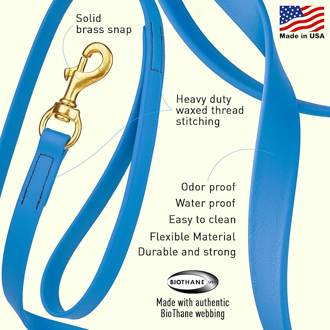 Viper Biothane K9 Working Dog Leash Waterproof Lead for Tracking Training Schutzhund Odor-Proof Long Line with Solid Brass Snap for Puppy Medium and Large Dogs, 20ft Cerulean Blue