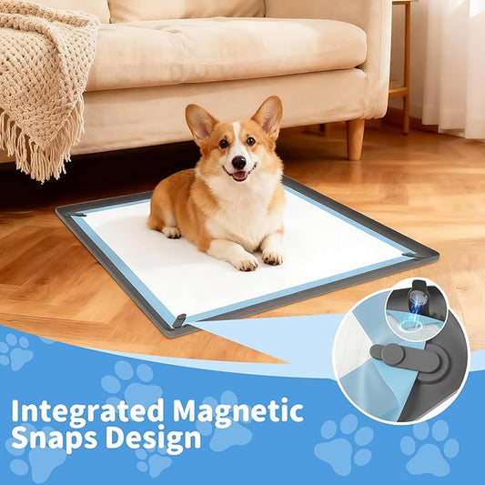 ALOOF Pee Pad Holder for Dogs, 24”x 24”Non-Slip Silicone Puppy Pad Holder with Integrated Magnetic Snaps, Raised Edge, Washable Training Pee Pad Tray for Floor Protection(Gray)