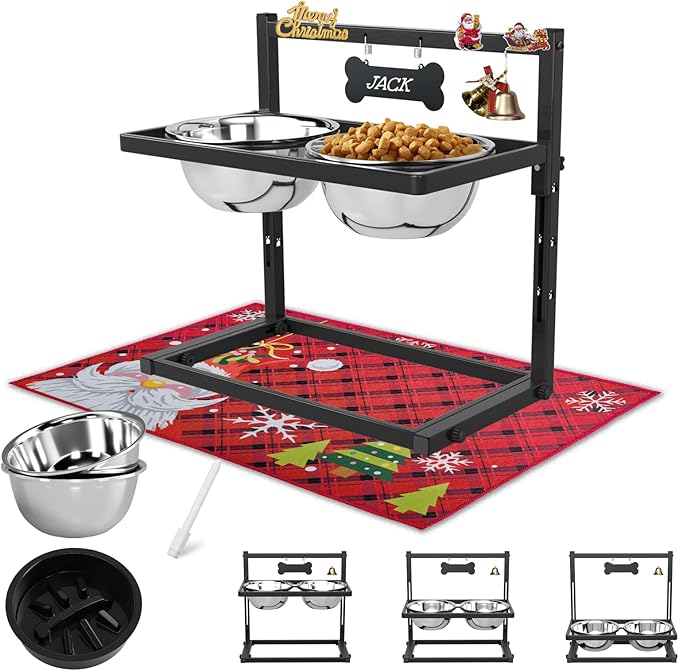 SHAINFUN Christmas Elevated Slow Feeder Dog Bowls with Mat for Large Dogs, Adjustable Height, Tall Raised Dog Food Water Bowl Stand Gift for Dogs