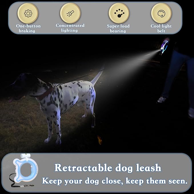 Pets 9.84ft Retractable Dog Leashes with LED Up to 66 lbs Anti-Slip Handle and 360°No Tangle Dogs Walking Leash with Built in Poop Bag for Small/Medium/Large Breeds (Black)