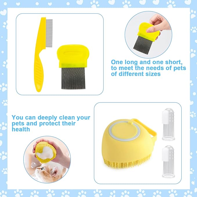 VCZONE 8 Pcs Cat Brush Grooming Kits, Pet Self Cleaning Kit with Pet Nail Clipper and File, Flea Comb, Pet Shampoo Bath Brush, Pet Shedding Brush, Silicone Toothbrush (Yellow)