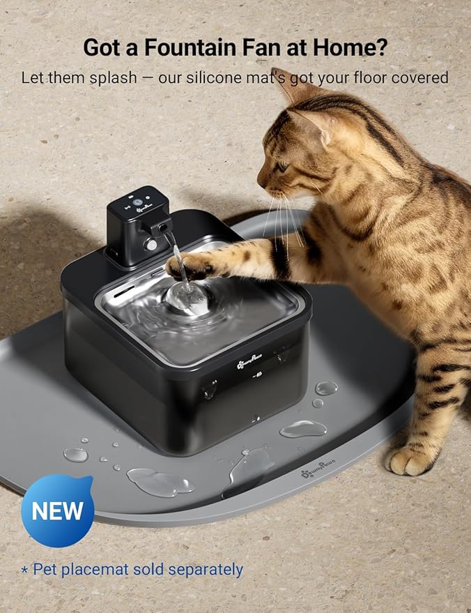 DownyPaws Cat Water Fountain Stainless Steel Cordless, 84oz/2.5L Fursink Wireless Pet Water Fountains for Cats Indoor, Battery Operated Cat Drinking Fountain, BPA-Free, Black with 6 Filters