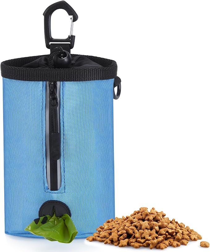 Ownpets Small-Size Pet Training Treat Pouch with Drawstring Closure - Dog Treat Bag for Leash, Carabiner Hook, Poop Bag Holder & Reflective Strip, 825ml Capacity (Blue)