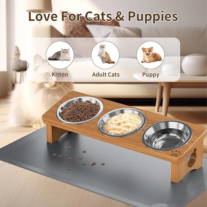 Solid Wood Elevated Cat Bowls with Silicone Food Mat, 15° Tilted Raised Cat Food and Water Dishes, Anti-Vomiting Design, 3 Stainless Steel Bowls for Cats & Small Dogs (Teak)