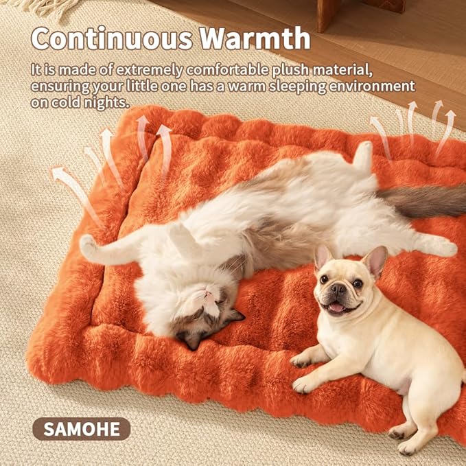 Cat Beds for Indoor Cats Faux Fur Pet Pad Mat Plush Kitten Bed with Non-Slip Bottom for Carriers/Couch Dog & Puppy Friendly 23 x 15 Inch Medium Orange