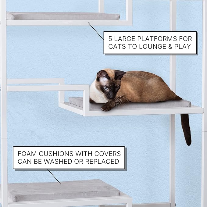 The Refined Feline 62 Inch Tall Metropolitan Cat Condo, White Metal Frame Cat Tower, Multi-Level Modern Cat Tree for Indoor Cats, Brown Platforms with Gray Replaceable Cushions & Scratching Post