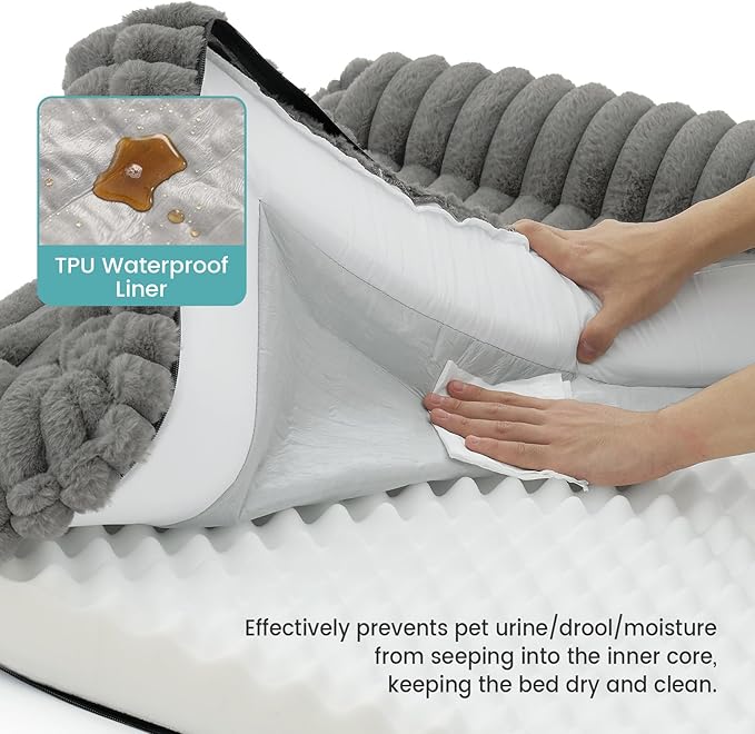 Cute Dog Bed for Small Dogs, Faux Rabbit Fur Orthopedic Foam Dog Bed with Sides, Removable Washable Cover & Waterproof Lining, Comfortable Pet Couch, Grey (30" L x 20" W x 6" Th)