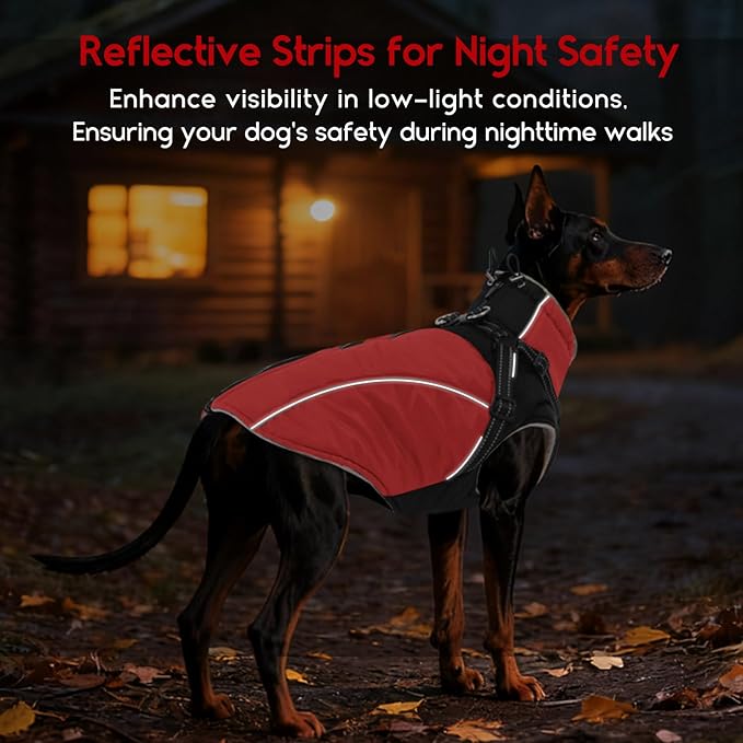 ASENKU Reflective Dog Coat with Built-in Harness, Windproof Fleece-Lined Dog Jacket for Small, Medium, Large Dogs, Warm Winter Vest with Turtleneck & Zipper (Red L)