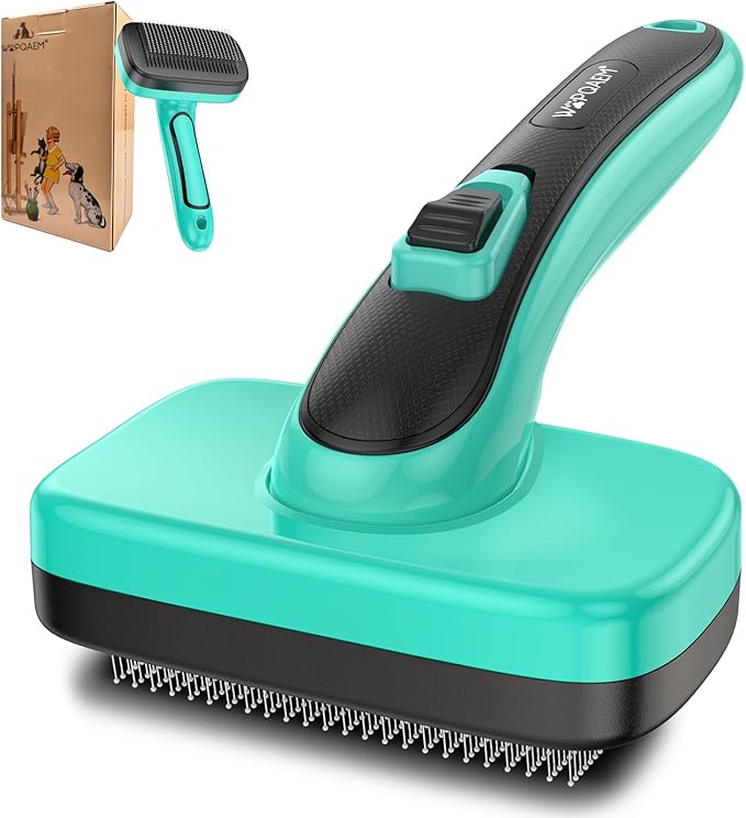 Self Cleaning Slicker Brush for Dogs and Cats - Skin Friendly Shedding & Grooming Tool for Long and Short Haired Pets,Easy Clean Retractable Bristles,Green