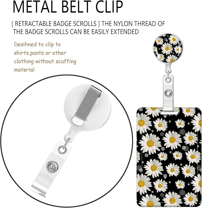 BLOCIT Lanyards for ID Badges and Keys, Funny Badge Reel Retractable with Clip,ID Badge Holder with Breakaway Lanyard, Teacher Nurse Office Gifts（Sunflower White Daisy）