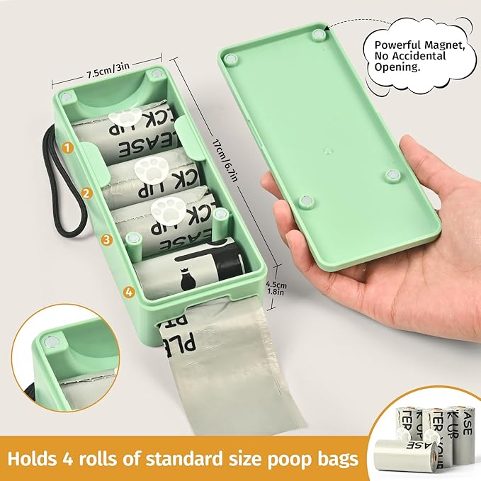 Dog Poop Bag Dispenser, Wall-Mounted Dog Bag dispenser Outdoor or Indoor for Doggy and Pets, Green Poop Holder for Yard and Park, Included 4 Rolls (60 Bags)