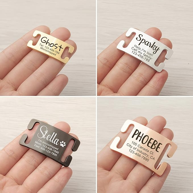 Anavia Slide On Silent Pet ID Tags, S/M/L/XL Personalized Gold Black Stainless Steel Customized Engraved Cat Dog Name Tags, Glossy Finish Chew-Proof Quiet Dog Collar Tag (Medium, Black)