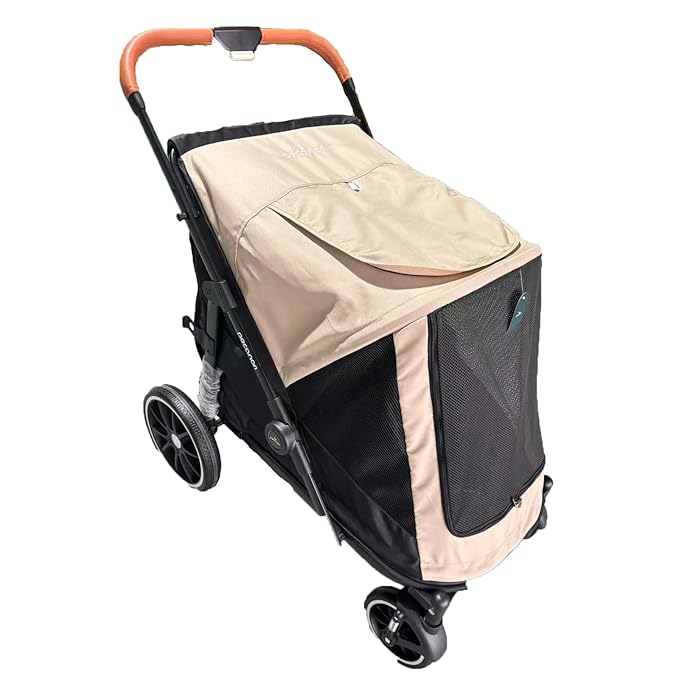 Dog Stroller for Large Dogs up to 50kg One-Button-Collapsing Cat Stroller for 2 Large Cats 360° Wear-Resistant Rubber Wheels Mesh Windows. (Khaki, 39"x24"x31.5")
