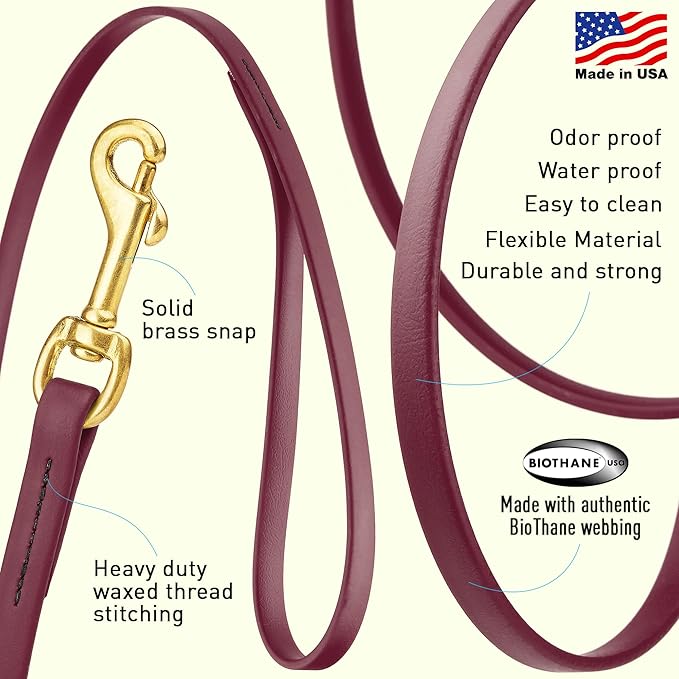 Viper K9 Biothane Working Dog Leash Waterproof Lead for Tracking Training Schutzhund Dog Sport & Search - Odor-Proof Long Line with Solid Brass Snap for Puppy Medium Large 3/8" x 20ft Merlot Burgundy
