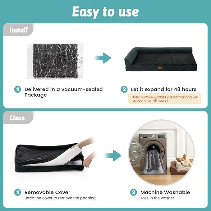 Orthopedic Dog Bed for Large Size Dog, XL Dogs Crate Bed, L Shaped Foam Anti-Slip Bottom Pet Cat Sofa with Washable Removable Cover, Suitable for Pet Up to 100 lbs, 44x32x7 inch, Black