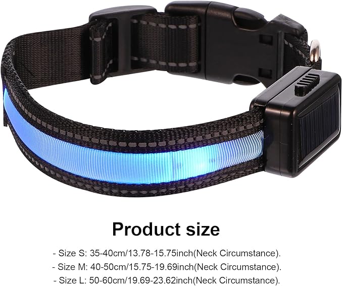 TOBBOMEY LED USB Rechargeable Dog Collar, Blue Small Glowing Pet Collar with Solar-Powered Flashing Light for Night Walking and Outdoor Safety