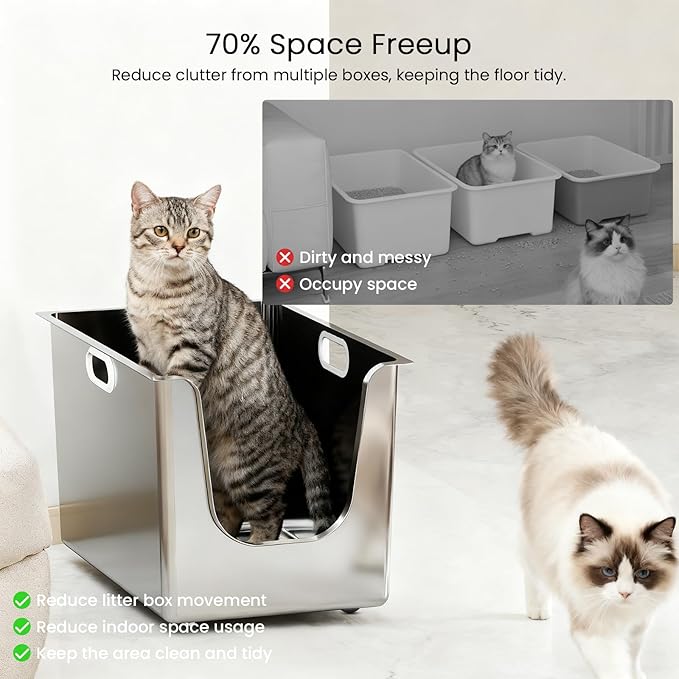 Stainless Steel Litter Box 13.6'' High Sides, XL Metal Cat Litter Box with Curved Low Entry, Cat Litter Pan for Big & Multiple Cats, Pet Toliet with Handy Wheels for Easy Moving