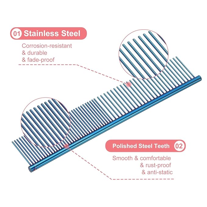 Dog Cat Comb, Pet Combs Stainless Steel Teeth with Rounded Ends for Knots Mats Loose Hair Removal, 7.5IN (Blue Plated, 3 Pack), Grooming Tool Intended for Long Curly Hair Pet