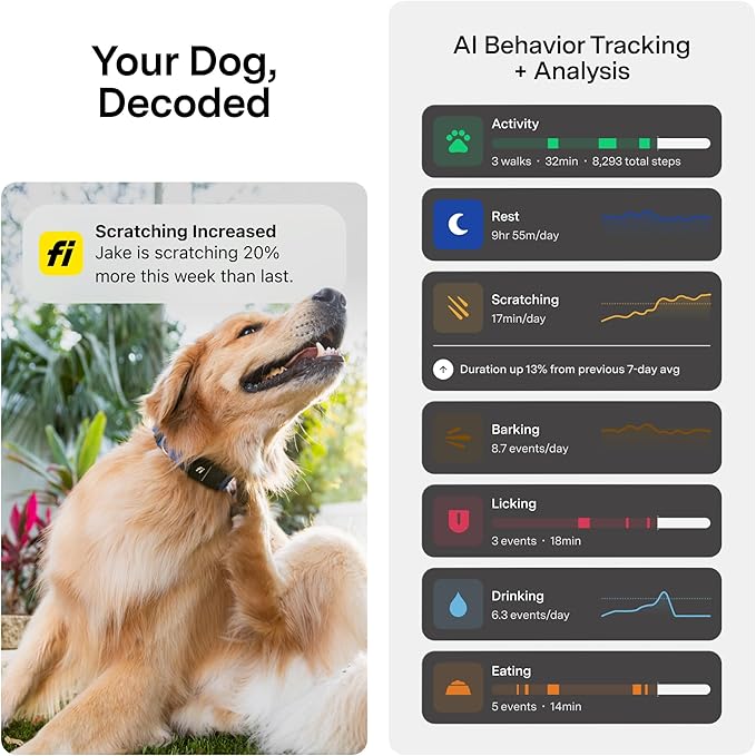 New Fi Series 3+ Smart Dog Tracker Collar [12 Month Membership Included] GPS Tracker for Dogs with Health & Behavior Monitoring, Escape Alerts, Waterproof, LED, Apple Watch Compatible (Gray, Small)