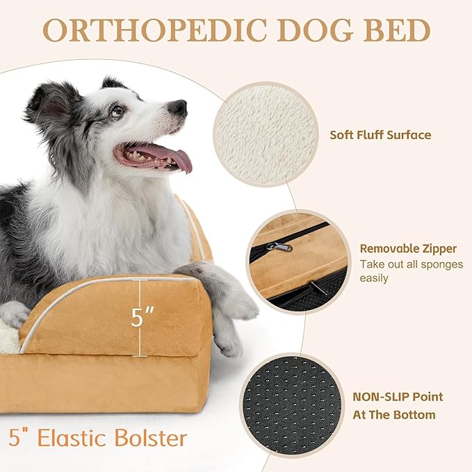 Comfort Expression Orthopedic Dog Bed for Extra Large Dogs 53x42 Inch, Waterproof Supportive Egg Crate Foam XXL Pet Bed with Removable Bolster, Dog Couch with Washable Cover & Non-Slip Bottom, Caramel