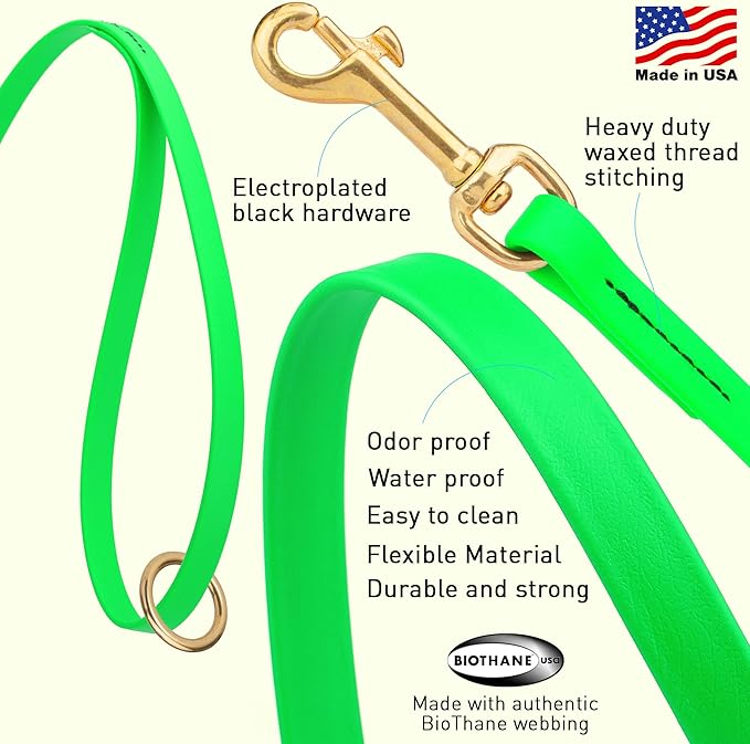 Viper Biothane K9 Working Dog Leash Waterproof Lead for Tracking Training Schutzhund Odor-Proof Long Line with Solid Brass Snap for Puppy Medium and Large Dogs 6ft, Tropical Green