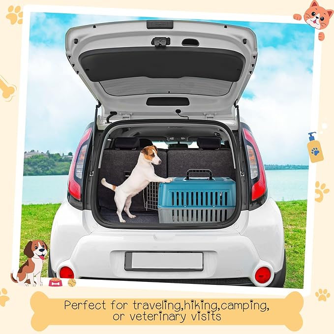 2 Set Travel Pet Carriers for Small Cat Dog Plastic Hard Shell Carrier Cat with Bowl Wire Door Grille Mat Portable Breathable Security Lock Puppy Kennel for Travel Airline, 17.5", up to 13lbs(Blue)